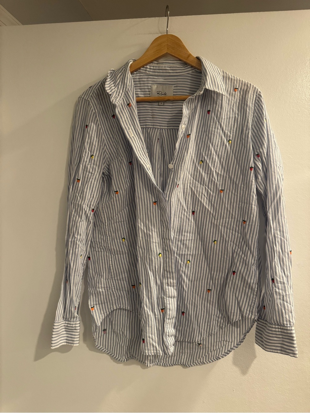 Rails Blue Striped Button-Up Shirt Multicolor Fruit Embroidery Small